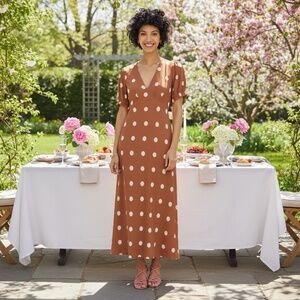 Brown Polka Dot Midi Dress – V-Neck – Puffy Short Sleeves